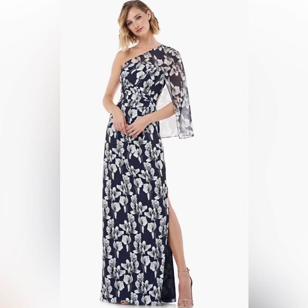 Kay Unger One-Shoulder Capelet Gown